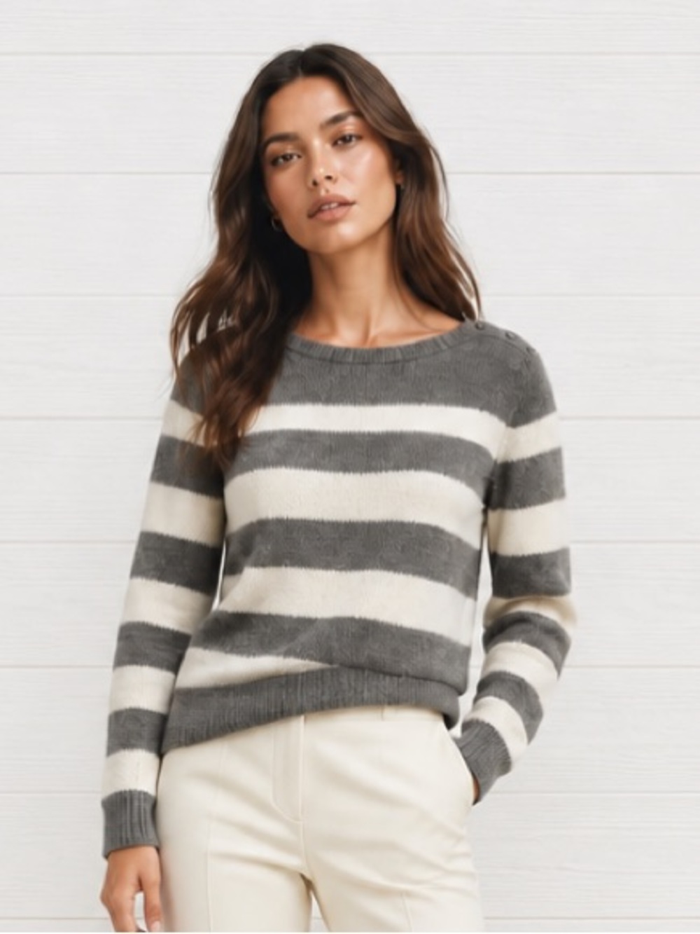 J CREW Pullover Sweater Buttoned Boat Neck In Stripe Wool Mohair Gray Ivory